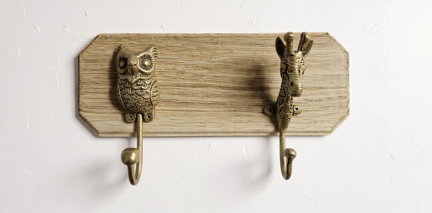 Ensemble Crochet / patère hibou & girafe bronze déco jungle Tokolausanne