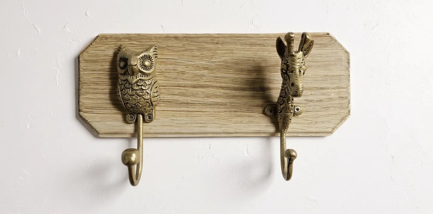 Ensemble Crochet / patère hibou & girafe bronze déco jungle Tokolausanne