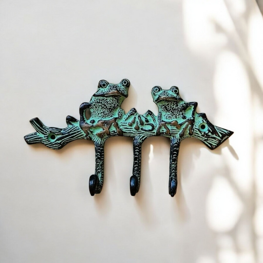 Patère Murale Grenouilles sur Branche - Crochet Vintage Bronze Vert Antique Tokolausanne