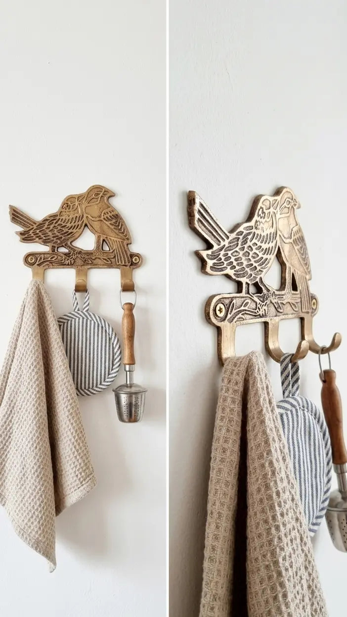 Porte-manteau mural vintage en bronze, motif oiseaux