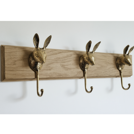 Patère murale design  3 lièvres bronze doré et bois massif Tokolausanne