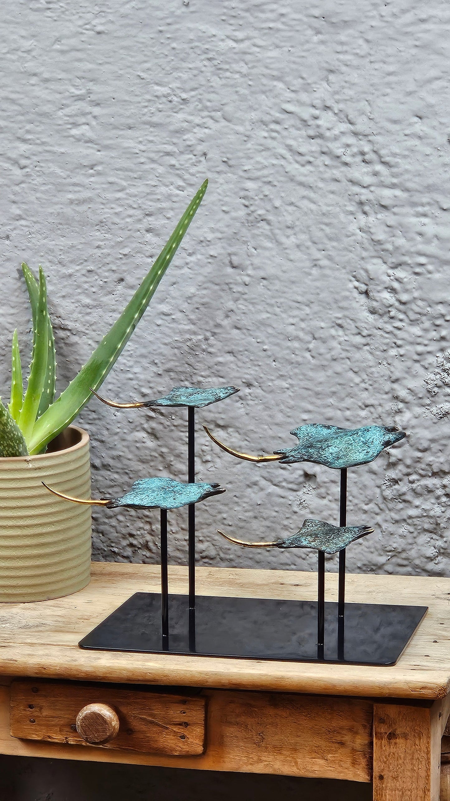 4 raies manta en bronze socle carré Tokolausanne